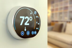 smart-thermostat-on-corner-of-wall-with-couch-in-the-background