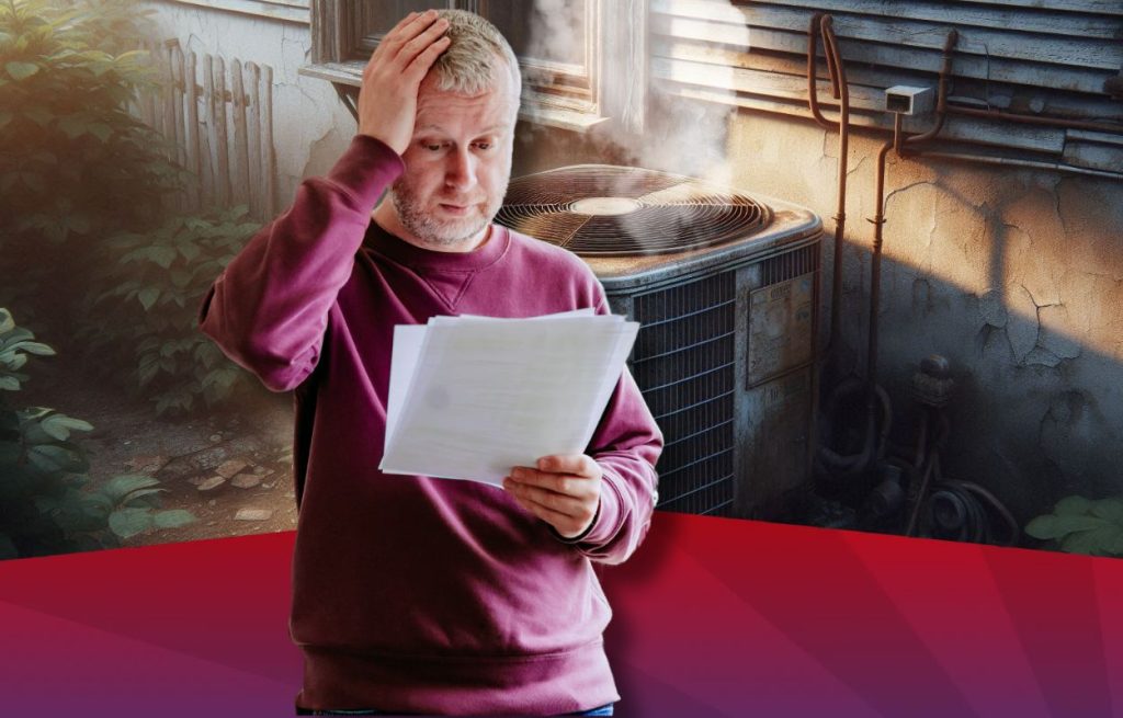 This is an image of an old smoking air-conditioning unit on the side of a house with a man standing in front of it, looking at his electric bill