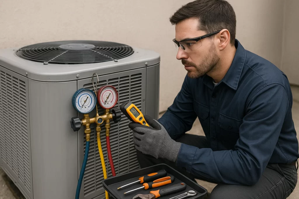 Technician diagnosing outdoor condenser with gauges and thermometer