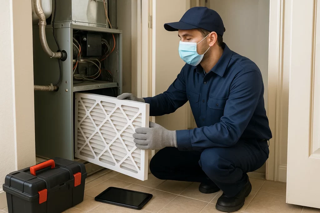 HVAC technician installs high-efficiency filter in indoor air handler unit