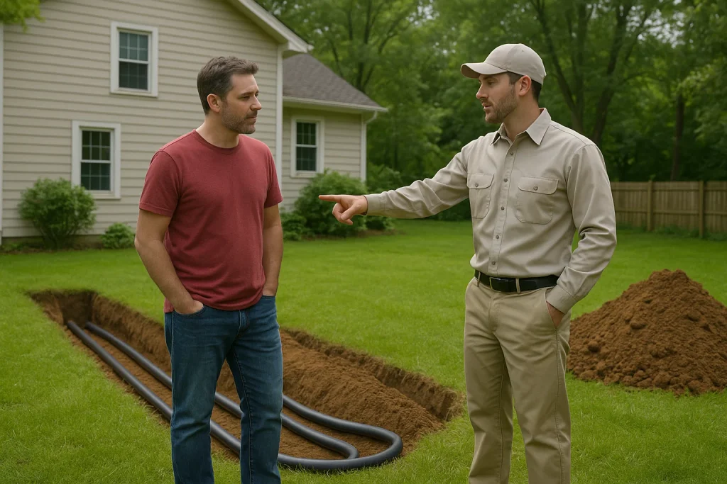 Technician explains geothermal loop install to homeowner in backyard