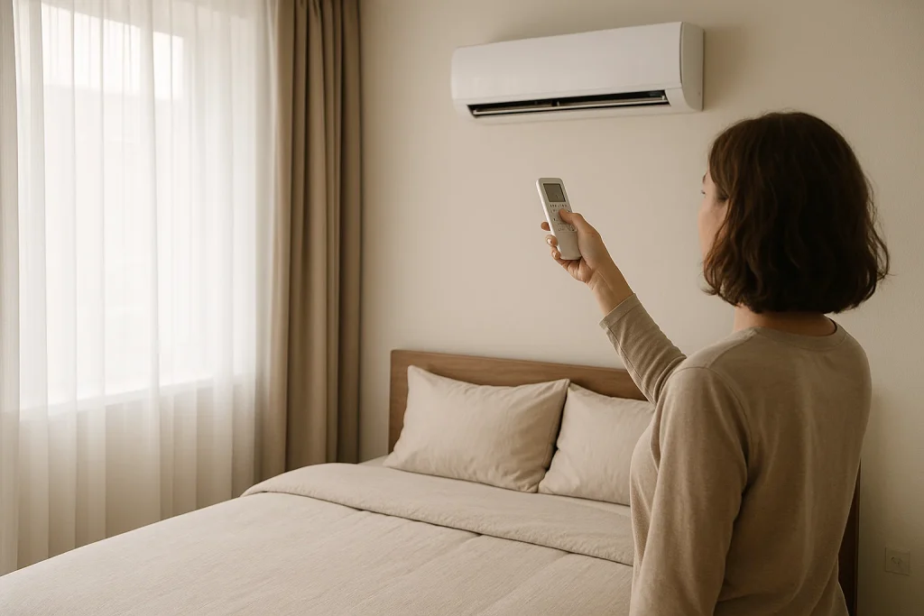 Homeowner adjusting ductless mini-split unit in quiet bedroom