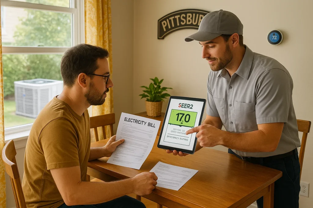 Homeowner in Pittsburgh reviews energy bill while technician explains SEER2 efficiency rating on tablet