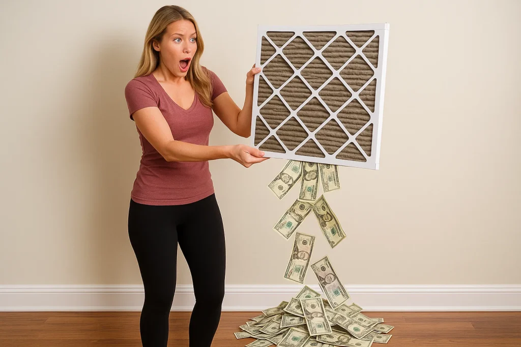 A woman holding a dirty furnace filter with money pouring out of it