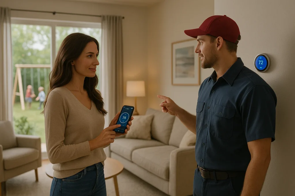 Homeowner controls smart thermostat via smartphone app for seamless comfort