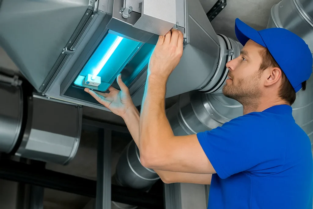 An HVAC technician installing a new UV light filter inside a homeowner's basement.