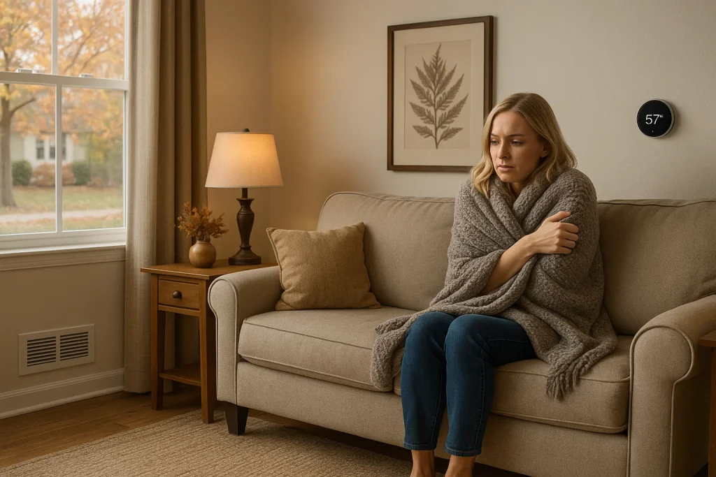 Homeowner noticing cold spot in living room while technician listens during furnace evaluation