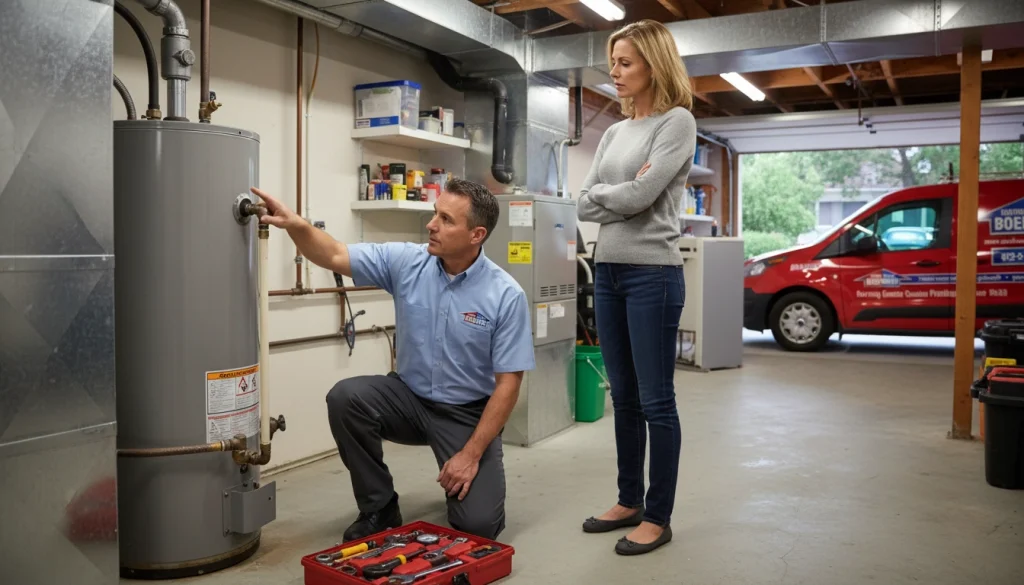 Technician testing water heater elements with multimeter during diagnostic visit