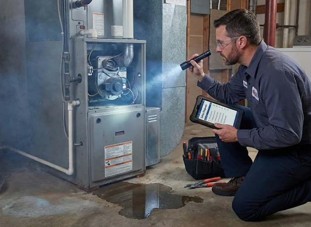 Furnace inspection by technician with visual hazards like smoke and safety checklist