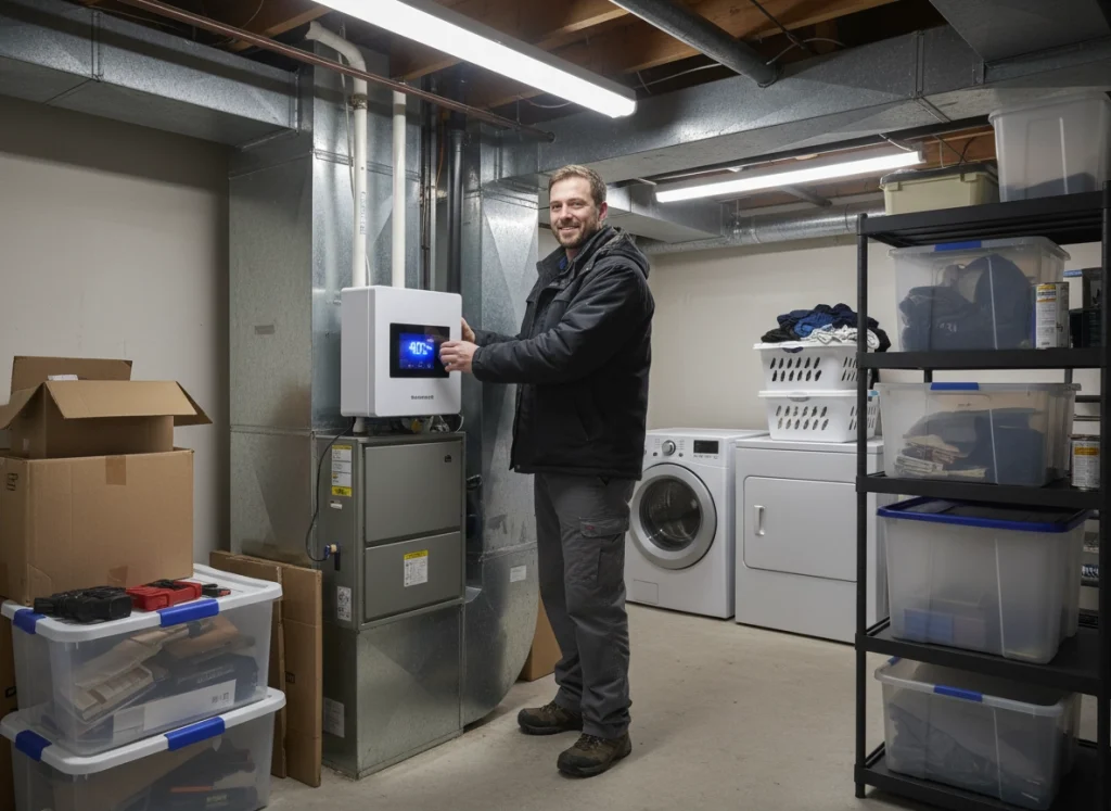 Whole-house humidifier being adjusted by technician to improve indoor humidity and reduce winter germ spread.