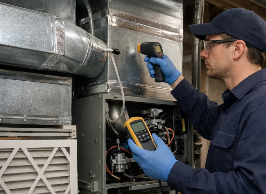 HVAC technician testing furnace airflow with manometer in basement