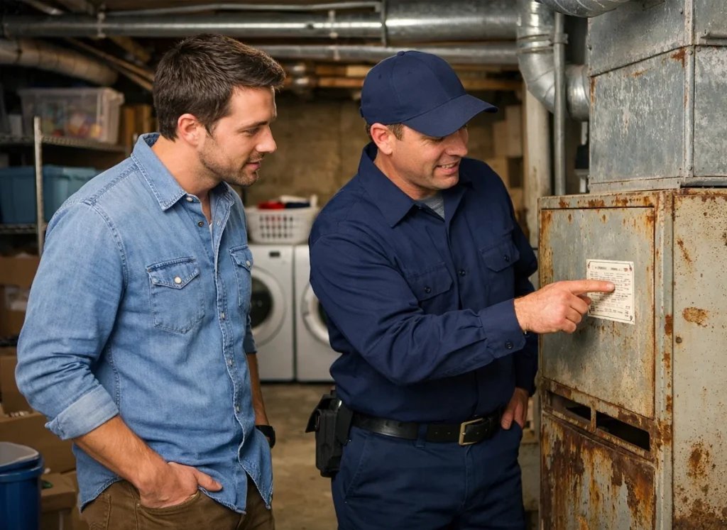 Homeowner and HVAC technician discussing furnace lifespan and replacement planning in Moon PA
