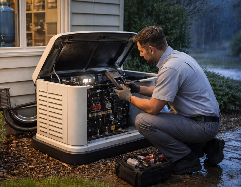 Standby generator inspection protecting home during storm season