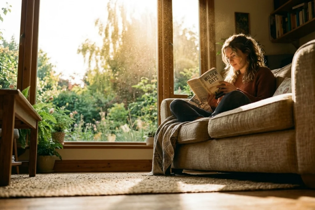 Homeowner reading a book on the couch with dust and pollen in the air.