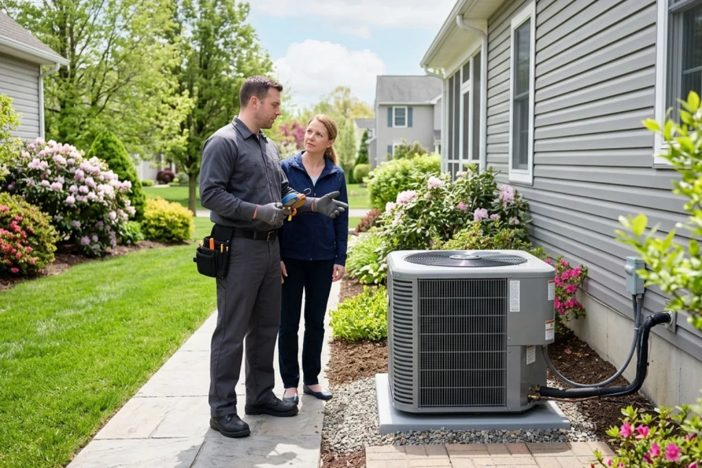 Homeowner discussing spring AC maintenance mistakes with technician