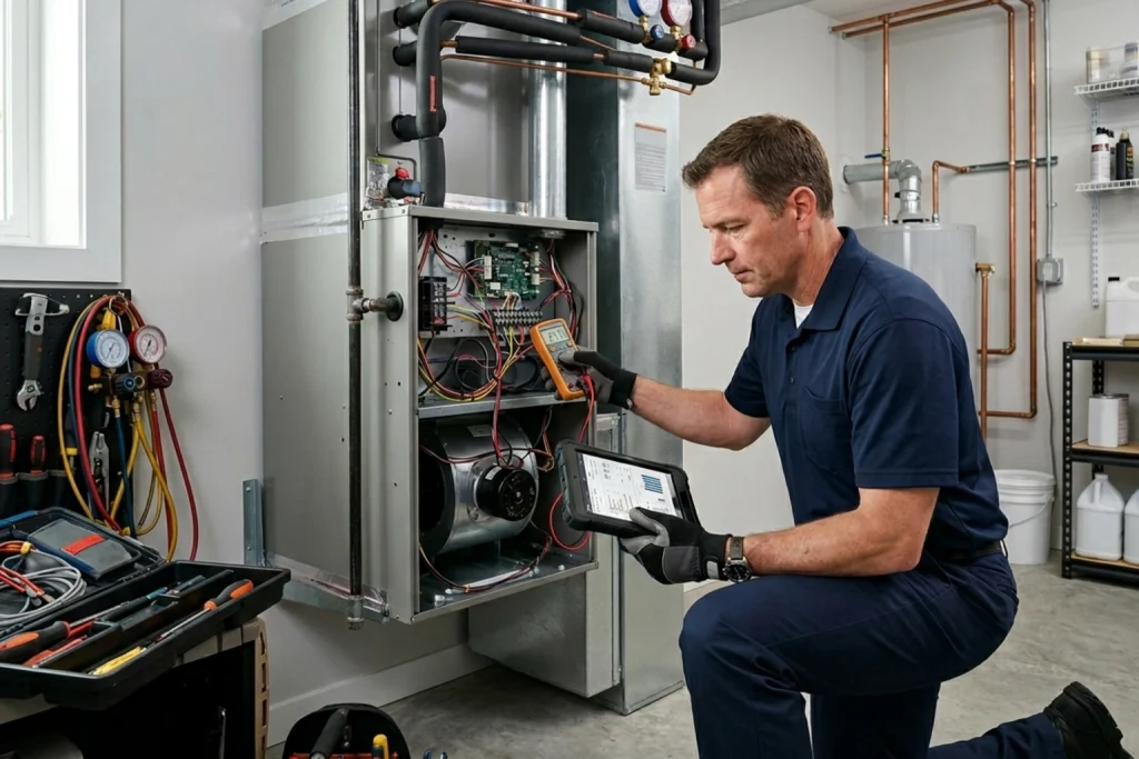 HVAC technician inspecting high-efficiency system components