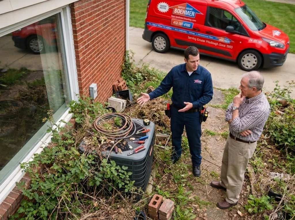AnHVAC technician and a homeowner discussing the debris surrounding his AC condenser unit.