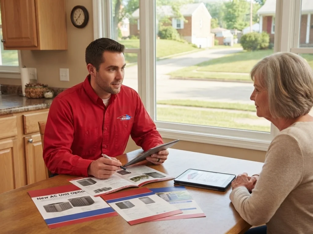 An HVAC technician explaining the cost of a new AC unit