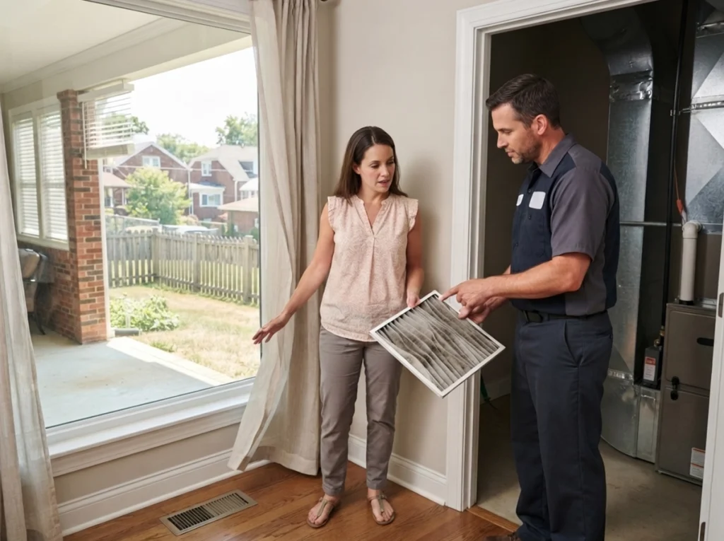 Pittsburgh homeowner reviewing restricted AC airflow during a heat wave.