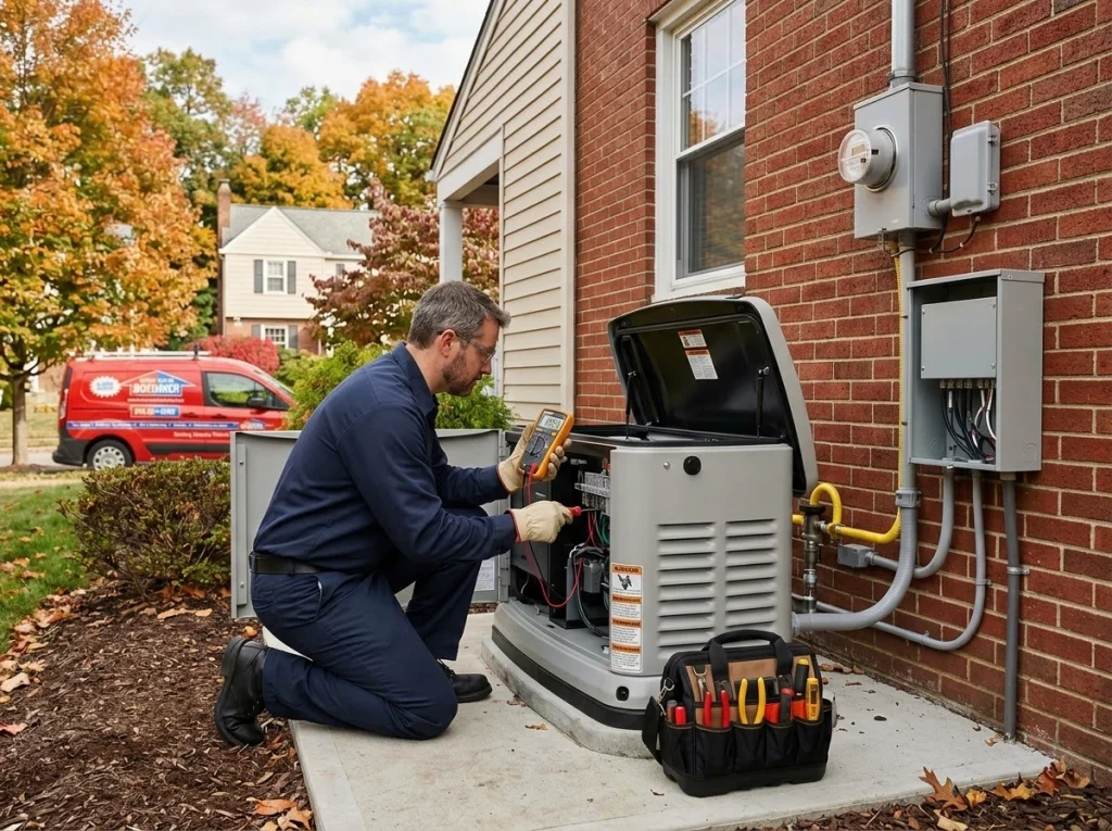 Technician testing a residential standby generator in Pittsburgh
